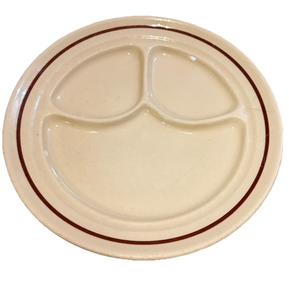 Vtg  Buffalo China Divided Grill Plate 9.5" Beige W/brn Stripe Restaurant Ware